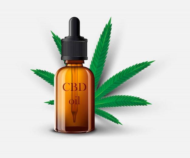 Modèle de bouteille en verre d'huile CBD avec feuille de cannabis