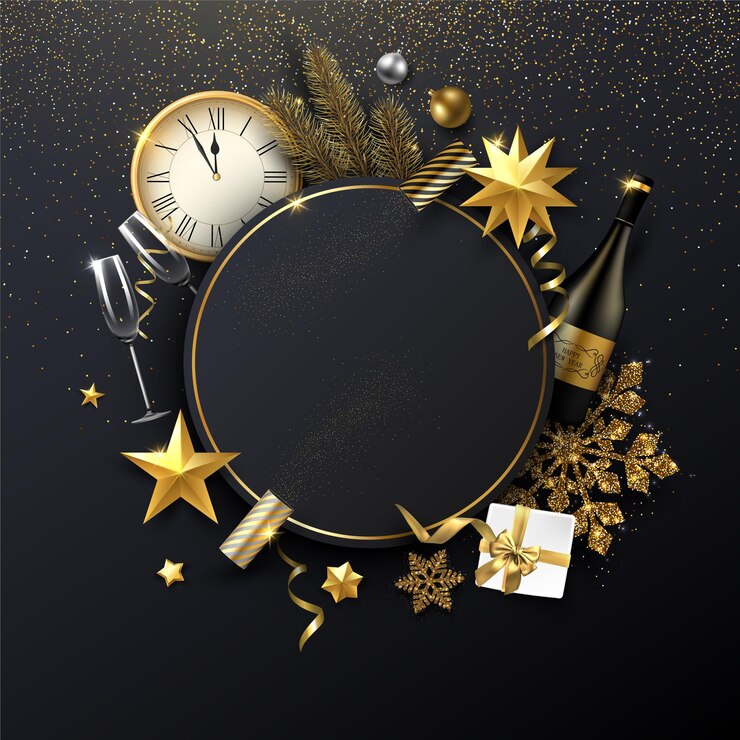 Vecteur modèle brillant de noël et du nouvel an avec cadre rond doré décorations de noël cadeau champagne et horloge