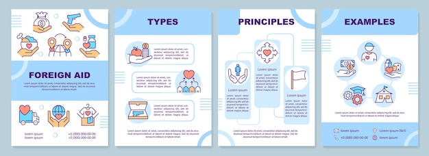 Modèle De Brochure Bleue Sur L'aide étrangère Types Et Principes Conception De Dépliant Avec Icônes Linéaires 4 Mises En Page Vectorielles Pour La Présentation Des Rapports Annuels Arialblack Myriad Propolices Régulières Utilisées