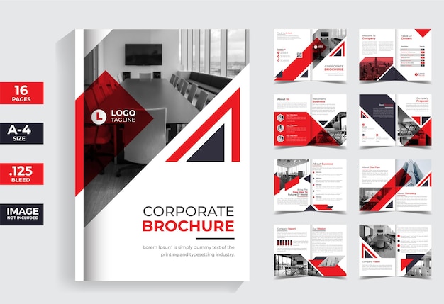 Vecteur modèle de brochure d'entreprise rouge de 16 pages, brochure d'entreprise avec une forme moderne