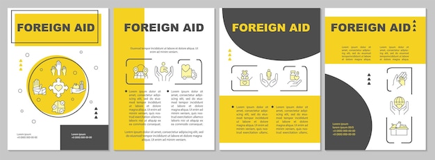 Modèle De Brochure Jaune D'assistance étrangère But Altruiste Conception De Dépliant Avec Des Icônes Linéaires 4 Mises En Page Vectorielles Pour La Présentation Des Rapports Annuels Arial Myriad Pro Polices Régulières Utilisées