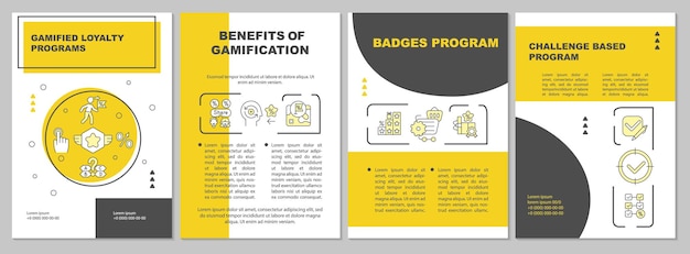 Vecteur modèle de brochure jaune sur les programmes de fidélité gamifiés. flyer, brochure, dépliant imprimé, conception de la couverture avec des icônes linéaires. dispositions vectorielles pour la présentation, les rapports annuels, les pages de publicité