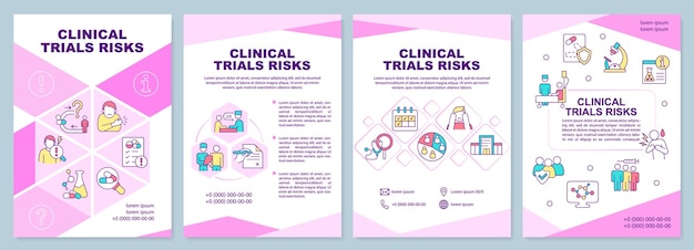 Vecteur modèle de brochure rose sur les risques d'essais cliniques effets secondaires conception de dépliant avec icônes linéaires 4 mises en page vectorielles pour la présentation des rapports annuels arialblack myriad propolices régulières utilisées