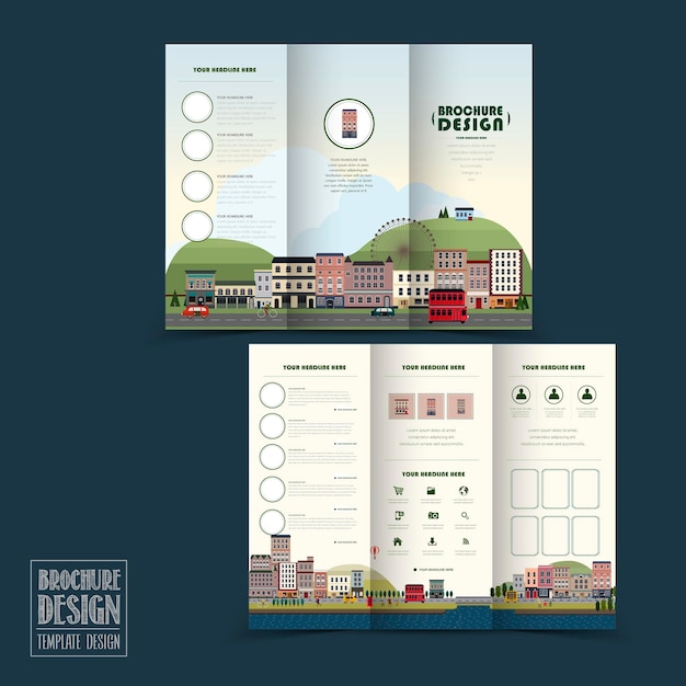 Vecteur modèle de brochure à trois volets de paysage de ville adorable