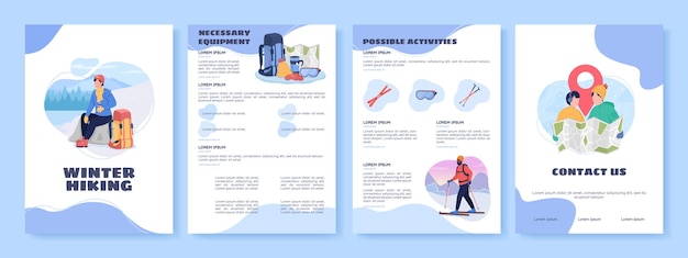 Modèle De Brochure De Vecteur Plat De Randonnée Hivernale. Activité Saisonnière. Flyer, Brochure, Conception De Dépliant Imprimable Avec Illustrations à Plat. Page De Magazine, Reportages De Dessins Animés, Affiches Infographiques Avec Espace Texte