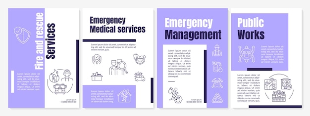 Modèle De Brochure Violet Des Services D'urgence. Sauvetage Du Désastre. Conception D'impression De Livret Avec Des Icônes Linéaires. Dispositions Vectorielles Pour La Présentation, Les Rapports Annuels, Les Publicités. Polices Anton-regular, Lato-regular Utilisées