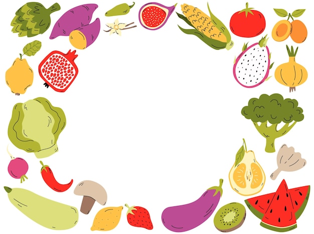 Modèle de cadre d'aliments biologiques fruits et légumes dessinés à la main pour bannière de couverture de menu ou brochure Illustration de dessin animé de vecteur