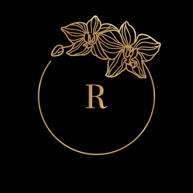 Vecteur modèle de cadre doré concept de fleur d'orchidée et de monogramme avec la lettre r dans un style linéaire minimal. logo floral vectoriel avec espace de copie pour le texte. emblème pour les cosmétiques, les médicaments, l'alimentation, la mode, la beauté
