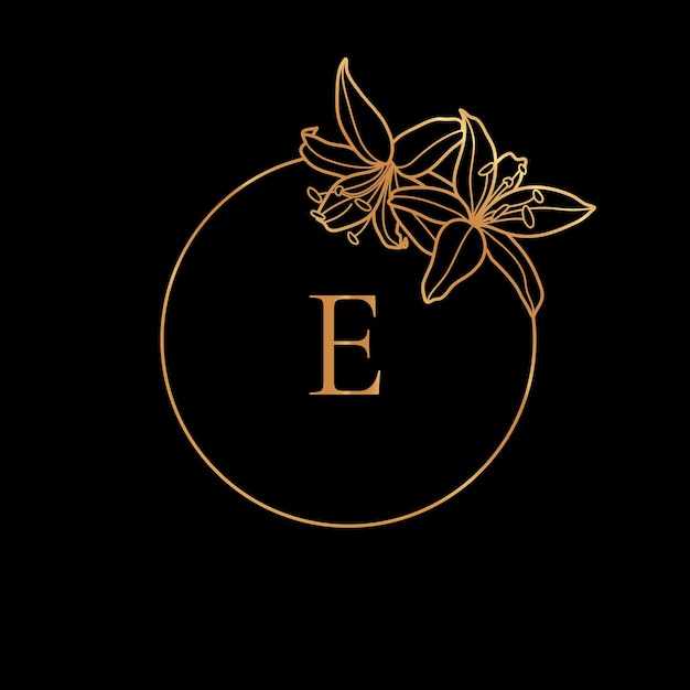 Vecteur modèle de cadre doré lily flower et concept de monogramme avec la lettre e dans un style linéaire minimal. logo floral vectoriel avec espace de copie pour le texte. emblème pour les cosmétiques, la mode, la beauté