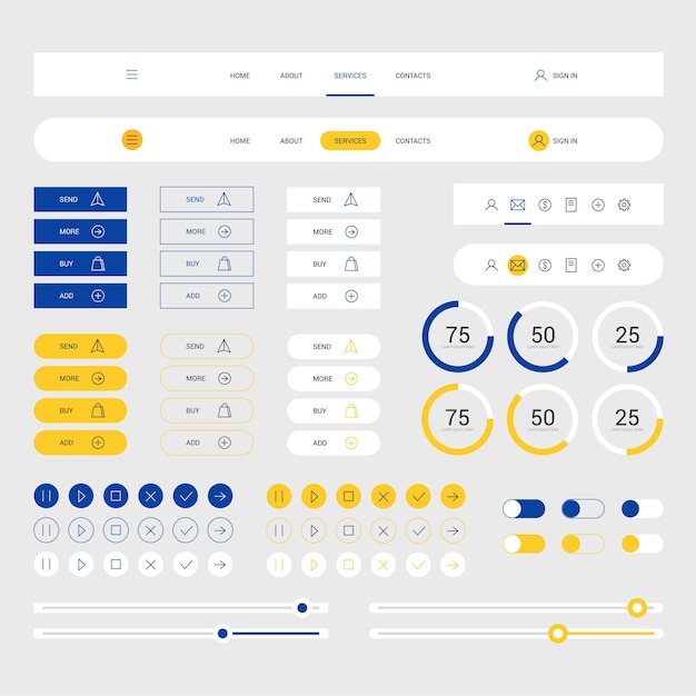 modèle de cadre d'éléments de conception web modernes avec des couleurs bleues et jaunes sur un fond gris clair