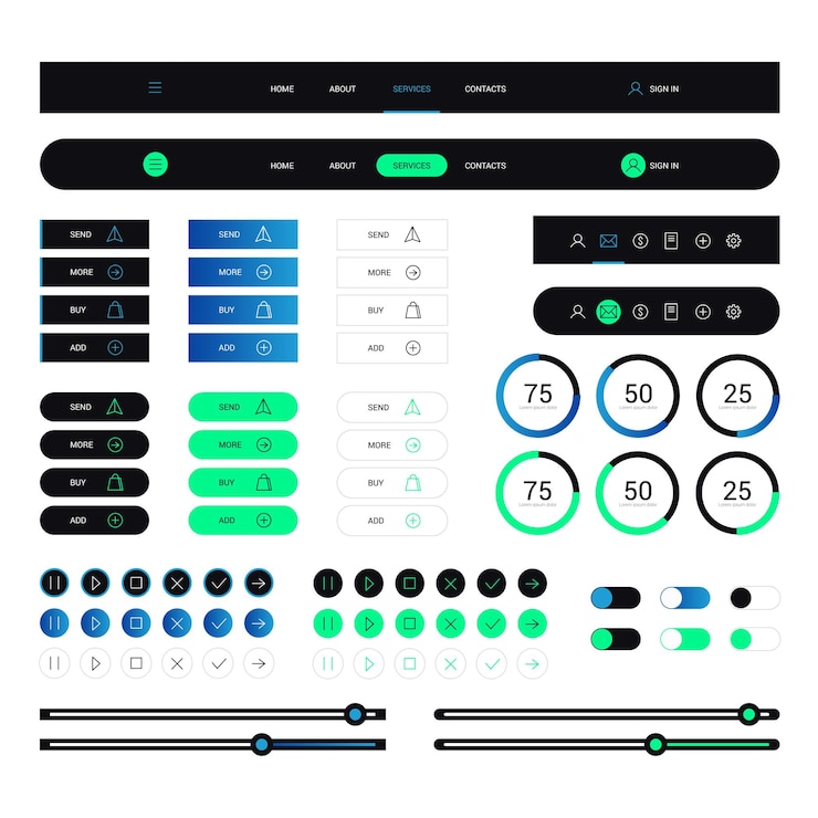 Vecteur modèle de cadre d'éléments de conception web modernes avec des couleurs noir bleu et vert