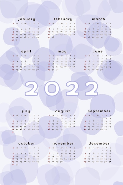 Vecteur modèle de calendrier 2022 format vertical abstrait violet lavande avec tache dessinée à la main conception de calendrier pour impression et numérique la semaine commence le dimanche