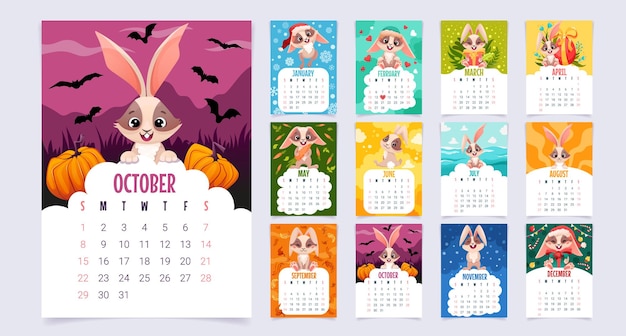 Modèle de calendrier 2023 avec lapin mignon Ensemble de 12 pages pour chaque mois avec un lapin différent pour chaque saison Modèle de dessin animé vectoriel pour le calendrier de bureau de l'organisateur de conception de planificateur