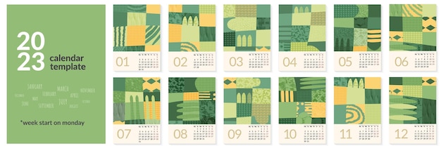 Modèle De Calendrier 2023 Avec Paysage De Champ De Nature Verte Abstraite Fond D'environnement écologique Simple Conception De Calendrier Ensemble De 12 Mois 2023 Pages