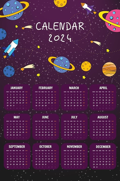 Modèle De Calendrier 2024 De Conception De Cosmos Spatial Galaxie Mignon En Vecteur