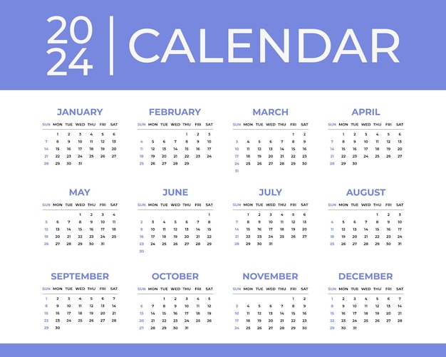 Modèle de calendrier 2024 avec début hebdomadaire le dimanche
