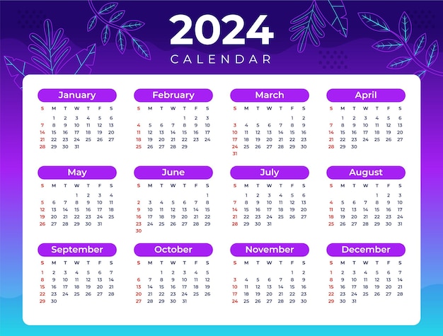 Vecteur modèle de calendrier 2024 dégradé moderne