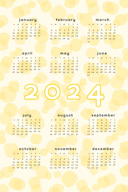 Vecteur modèle de calendrier 2024 format vertical abstrait jaune avec tache dessinée à la main conception de calendrier pour impression et numérique la semaine commence le dimanche