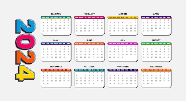 Vecteur modèle de calendrier 2024 avec un style minimal pour le nouvel an