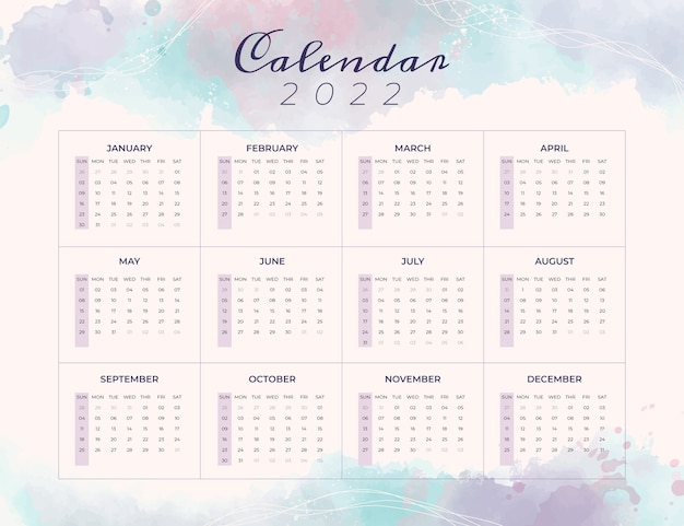 Vecteur modèle de calendrier aquarelle 2022