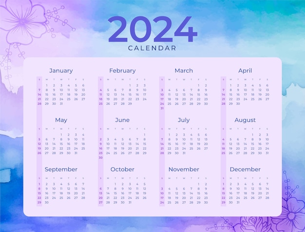 Modèle de calendrier aquarelle 2024