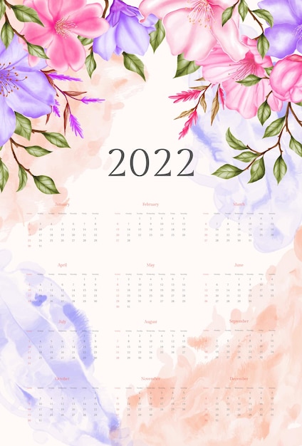 Modèle de calendrier aquarelle fleur de cerisier nouvel an 2022