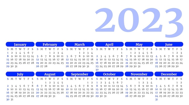 Modèle de calendrier bleu pour l'année 2023 La semaine commence le dimanche