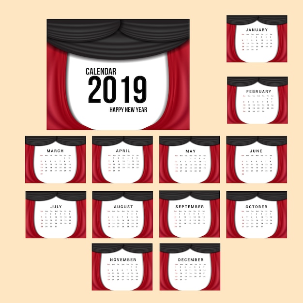 Vecteur modèle de calendrier de bureau 2018 avec une vague rouge et noire