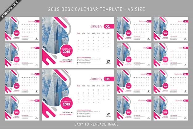 Vecteur modèle de calendrier de bureau 2019 a5 taille