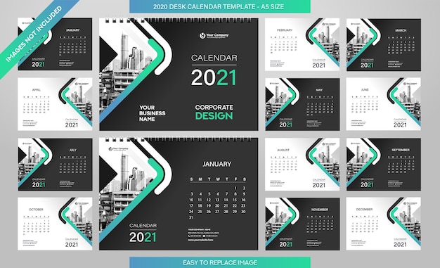 Modèle De Calendrier De Bureau 2021 - 12 Mois Inclus