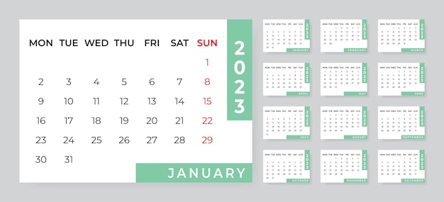 Modèle de calendrier de bureau mensuel pour l'année 2023 La semaine commence le lundi
