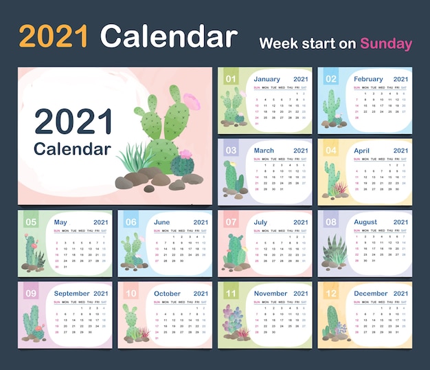 Vecteur modèle de calendrier. conception de concept de calendrier avec des motifs naturels de cactus.