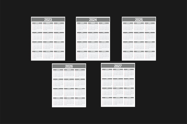 modèle de calendrier de conception de vecteur 2023, 2024, 2024, 2026, 2027