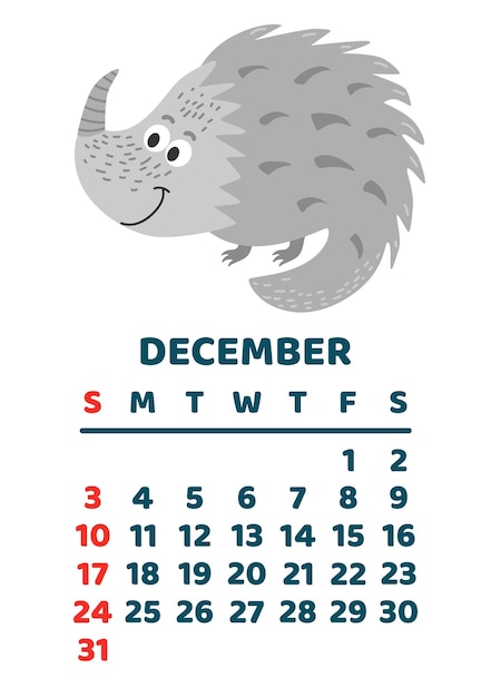 Modèle de calendrier de dinosaure mignon pour la série d'enfants de décembre