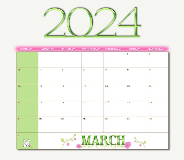 modèle de calendrier du mois de mars 2024