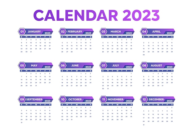 Modèle de calendrier du nouvel an 2023 avec couleur violette