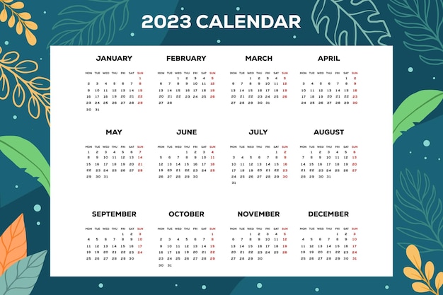 Vecteur modèle de calendrier du nouvel an 2023 avec fond de feuilles dessinées à la main