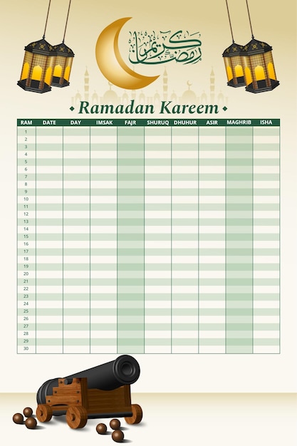 Modèle de calendrier du ramadan avec lanterne et canon