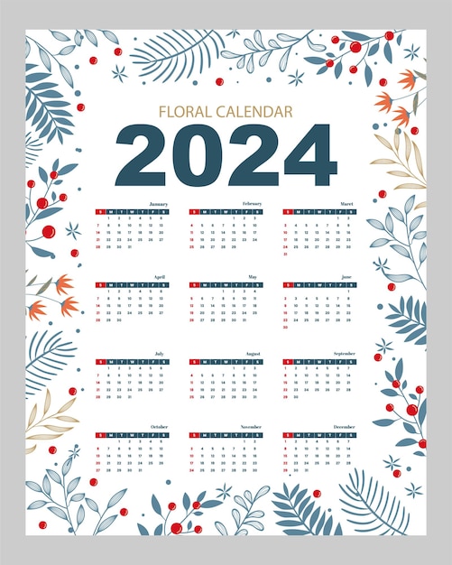 Vecteur modèle de calendrier floral pour l'année 2024