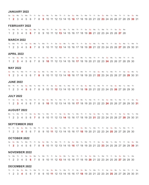 Modèle De Calendrier Horizontal Simple Année 2022