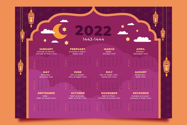 Vecteur modèle de calendrier islamique plat 2022