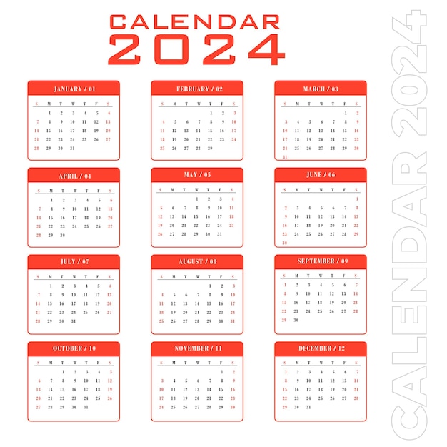Vecteur modèle de calendrier mensuel 2024 pour un vecteur de bureau ou de mur