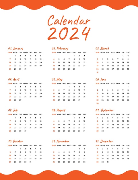 Modèle de calendrier mensuel pour 2024 avec début hebdomadaire le dimanche