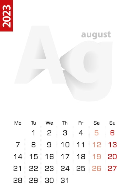 Modèle De Calendrier Minimaliste Pour Le Calendrier Vectoriel D'août 2023 En Anglais