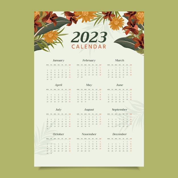 Modèle de calendrier mural 2023 dessiné à la main