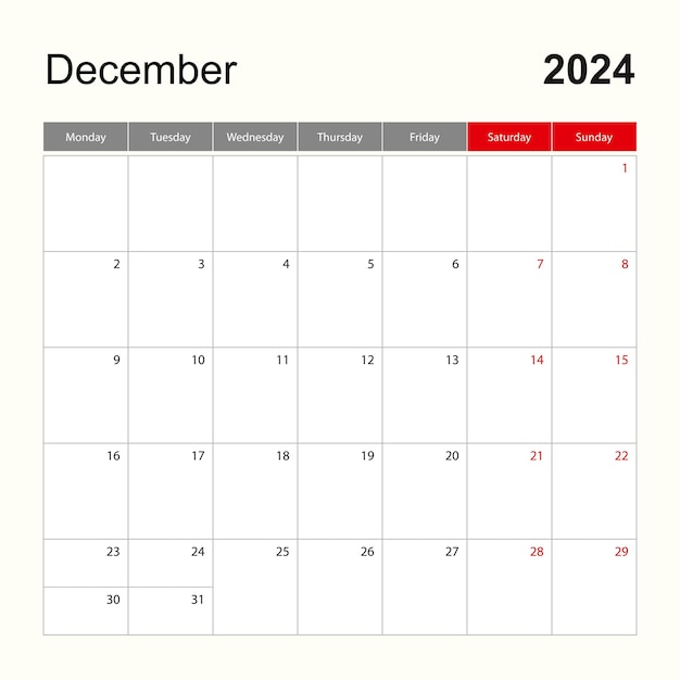 Vecteur modèle de calendrier mural pour décembre 2024 la semaine de planification de vacances et d'événements commence le lundi