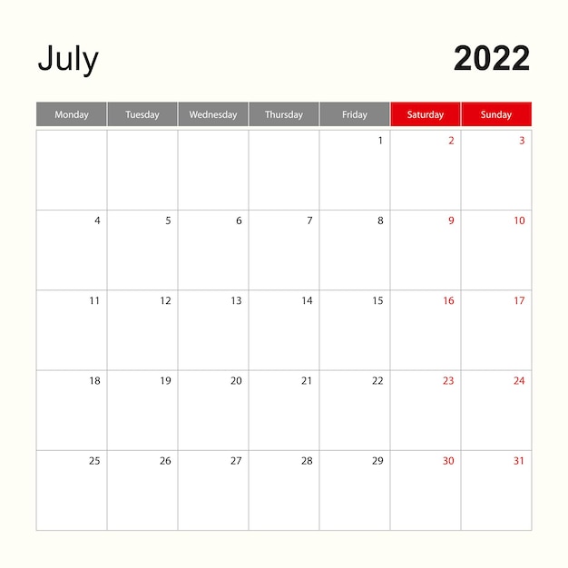 Modèle De Calendrier Mural Pour Juillet 2022. Planificateur De Vacances Et D'événements, La Semaine Commence Le Lundi.