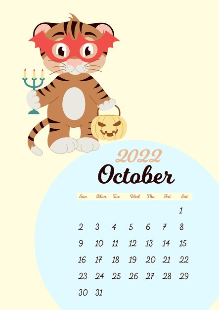 Modèle de calendrier mural pour octobre 2022. Année du tigre