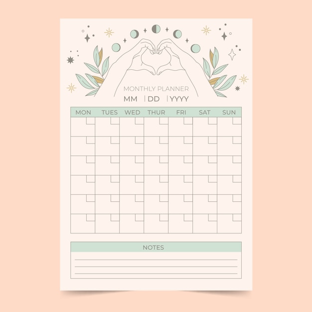 Modèle de calendrier de planificateur mensuel 2023 dessiné à la main