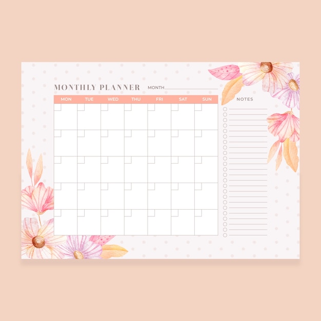 Modèle de calendrier de planificateur mensuel aquarelle